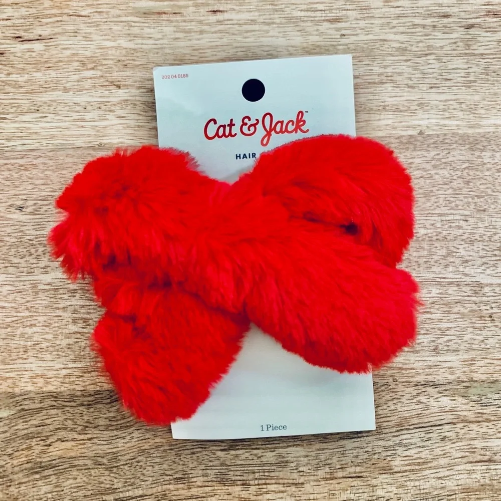 Cat & Jack Bow Hair Clip Fuzzy Red NWT